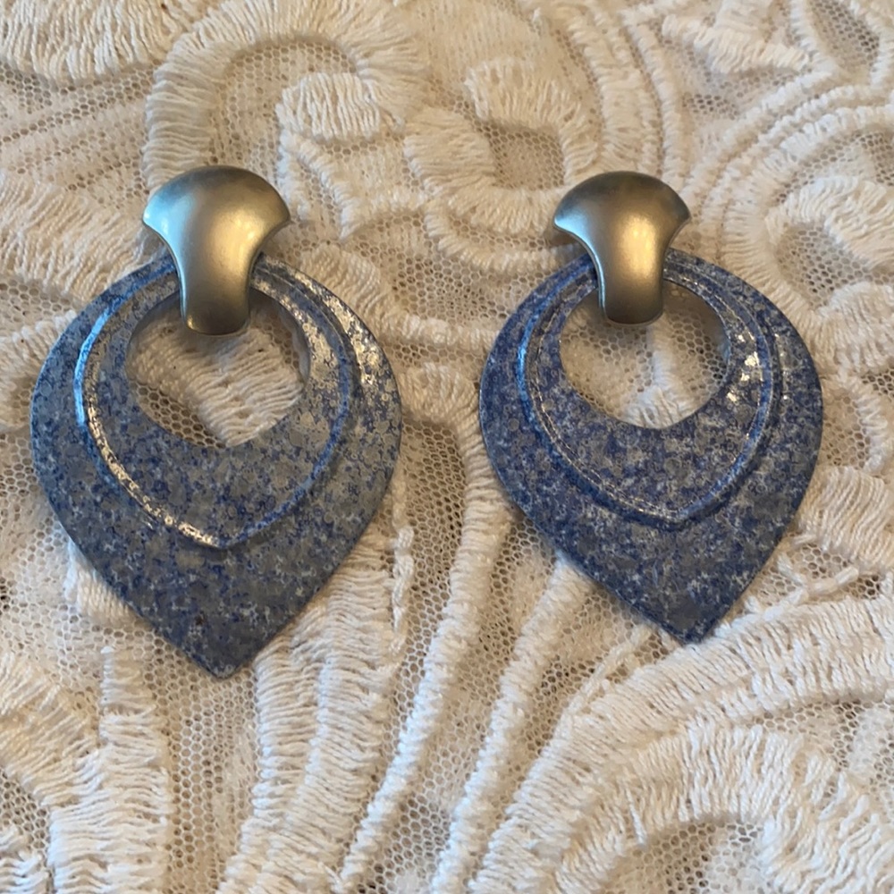 Vintage metal silvertone denim look blue earrings
